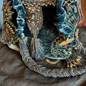 Authentic Mary Frances NWOT deep teal velvet shoulder bag with beaded decoration